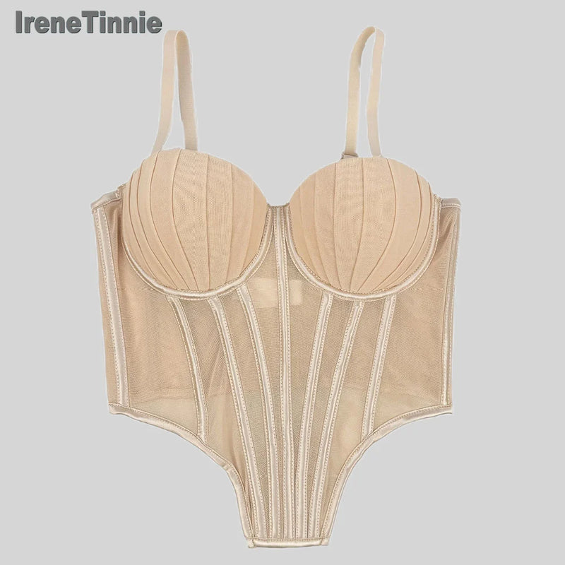 Corpete transparente de malha feminino, faixa espinha de peixe na cintura, corpete bustiê, tops sensuais