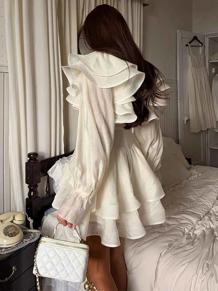 Solid Ruffle Mini Dress U Neck Long Puff Sleeve Tie Neck Tiered Hem Sweet Style Gown Soft Pastel Tones Fashion Chic Women Outfit