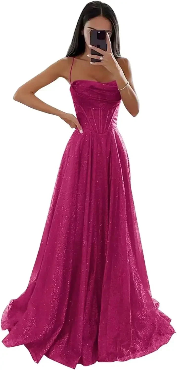 Spaghetti Straps Sleeveless Prom Dress for Women Long Shiny Tulle Formal Evening Party Gown with Slit Formal Dress Women Elegant