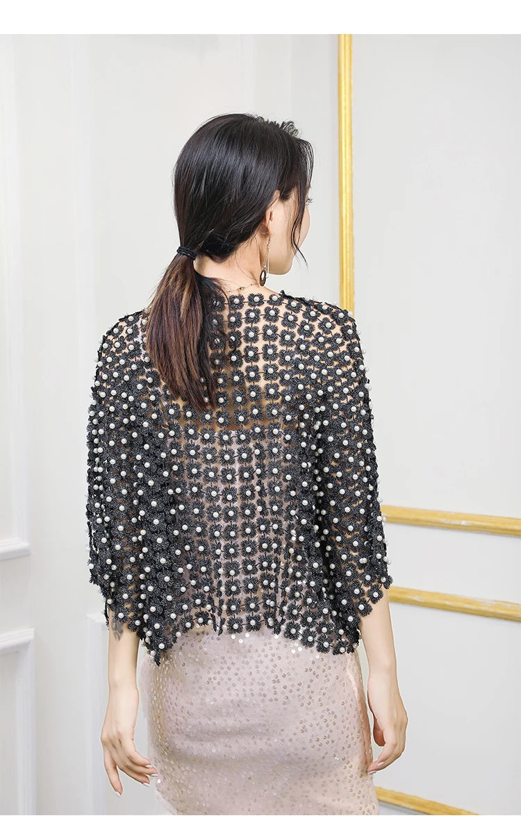 Women Beads Coat 2025 Summer Style Women Perspective Shawl Fashion Hollow Out Lace Boleros Short Sleeve Coats Jackets Femal