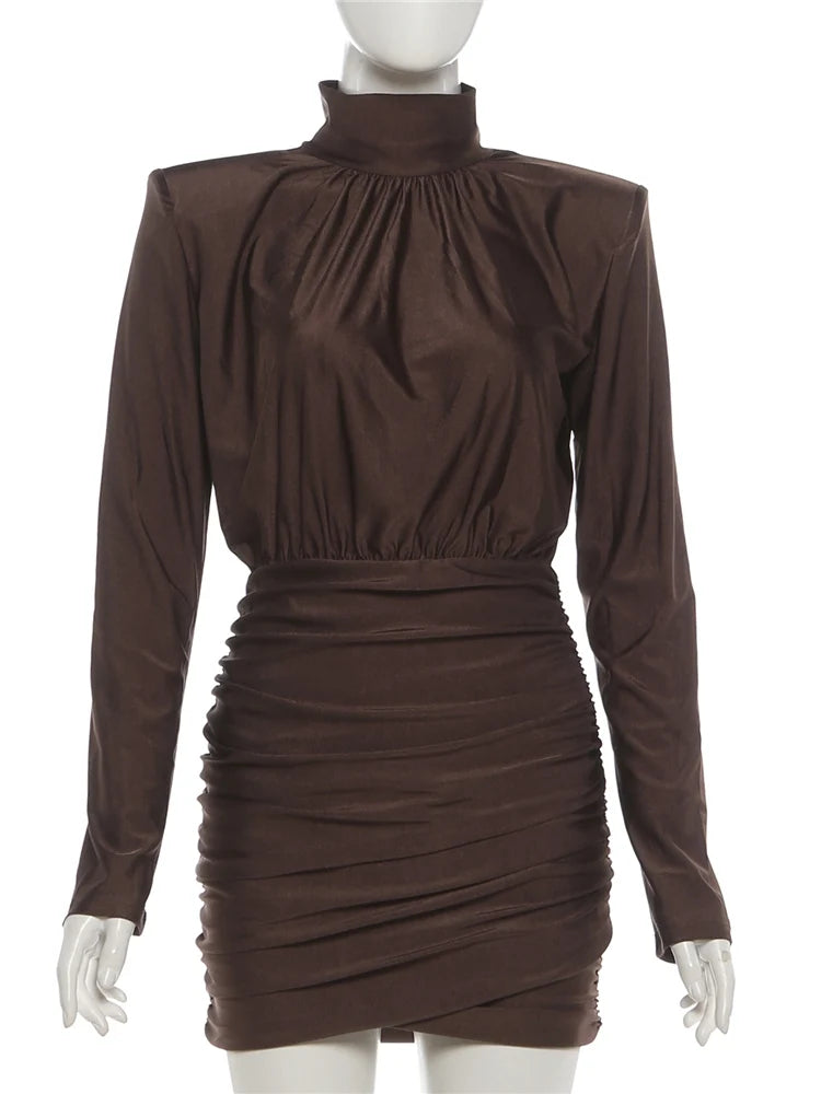 Weird Puss Elegant Shoulder Padded Dress Women Turtleneck Ruched Sexy Classic Office Commute Simple Peach Hip Slim Mini Bodycon