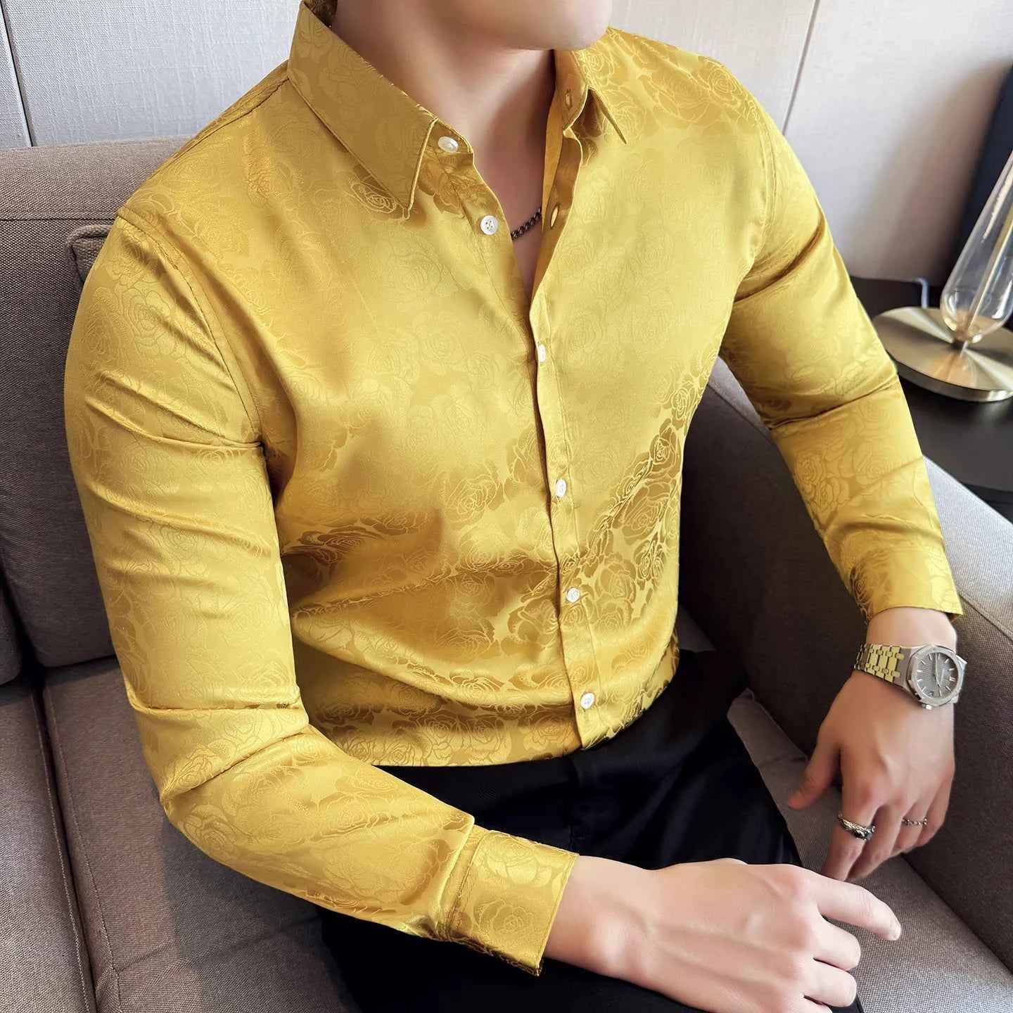 Men's Social Shirt New Rose Printed Long Sleeve Shirt Luxury Fashion Business Slim Fit Formal Shirt Men's Clothing 4XL-M