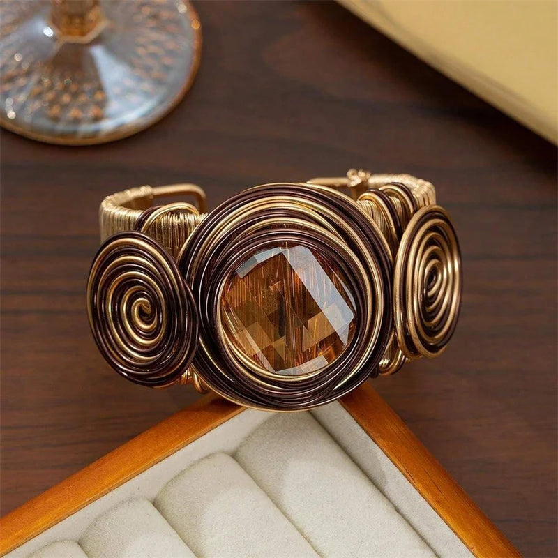 Exaggerated  Metal Wire Winding Cuff Bracelet Big Brown Rhinestone Heavy Metal Bracelet For Women Personality Jewelry