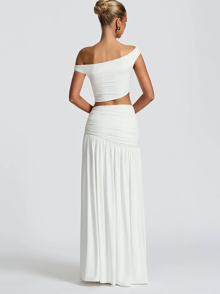 Sibybo Elegant Metal 2 Piece Set Women Partywear Oblique Shoulder Irregular Crop Top Side Slit Ruched Maxi Skirt Matching Outfit