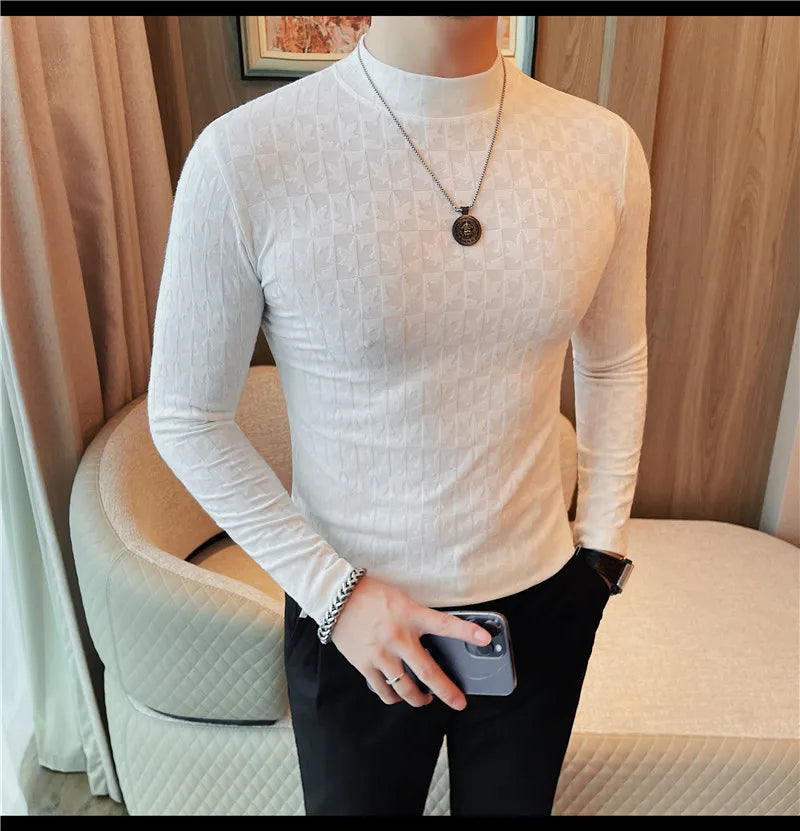 Camiseta elástica estampada de gola alta semi alta para homens, roupas de outono, nova, mangas compridas, jacquard, justa, cor sólida, camiseta slim fit