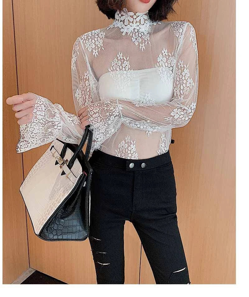 Sexy Lace Base Shirt Women's Mesh Inner Top Half High Collar Knitted Sweater Layerable Floral Lace Trim See through Design
