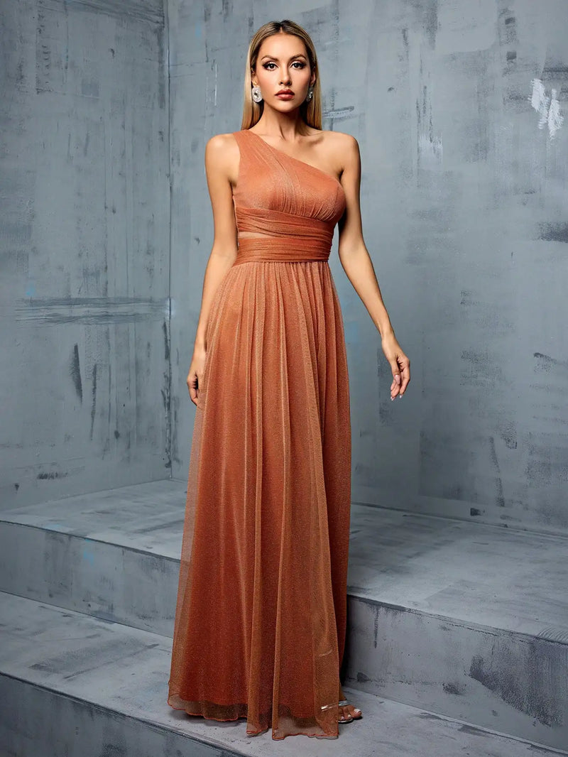 Vestido um ombro assimétrico pregas no peito cintura fenda vazada Um balanço malha saia longa Vestido de noite Vestido de baile