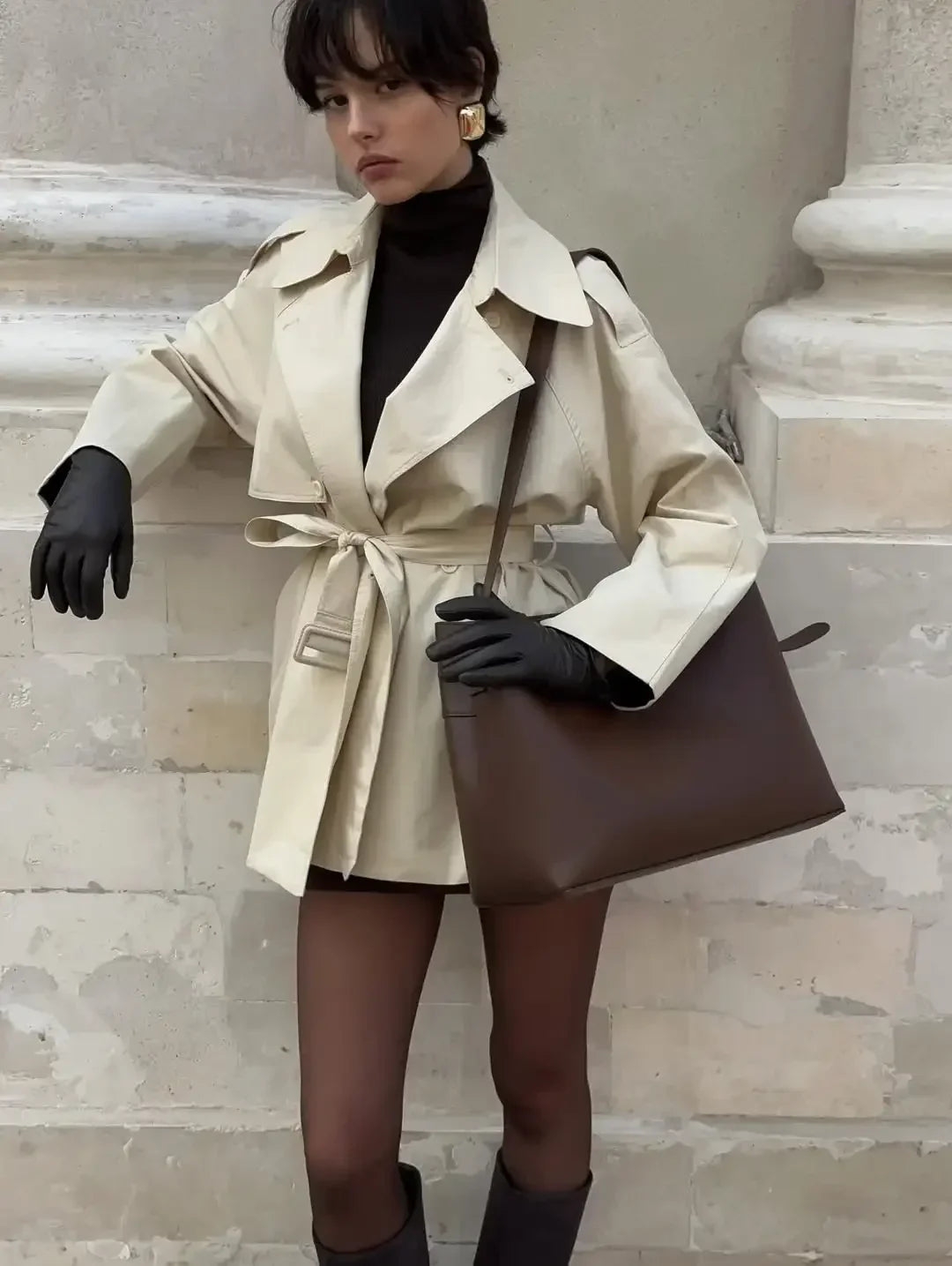 Women Lapel V-neck Belt Trench Coat Fashion Lace Up Full Sleeve Button Short Thin Windbreak 2025 New Lady Daily Street Outerwear