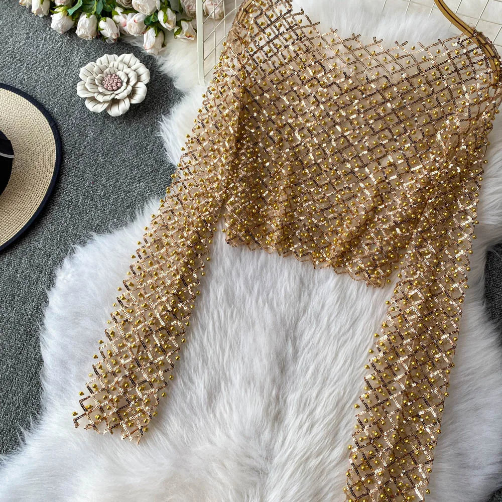 Slim Fit Short Sleeveless T-Shirt Women's New Style round Neck Long Sleeve Shiny Sequin Heavy Duty Bead Commute Style Korean ...