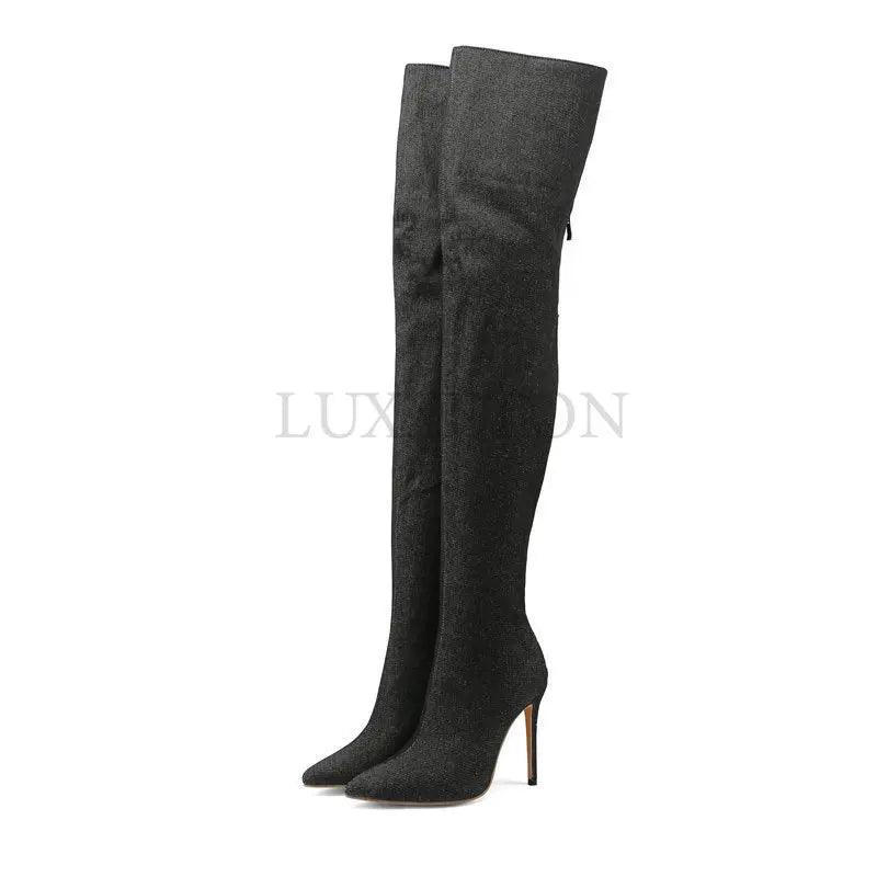 Sexy Stiletto Denim High Heels Over The Knee Boots for Women Spring Autumn High Heeled Thigh Heig Long Boots Ladies - CRAVO ROSE