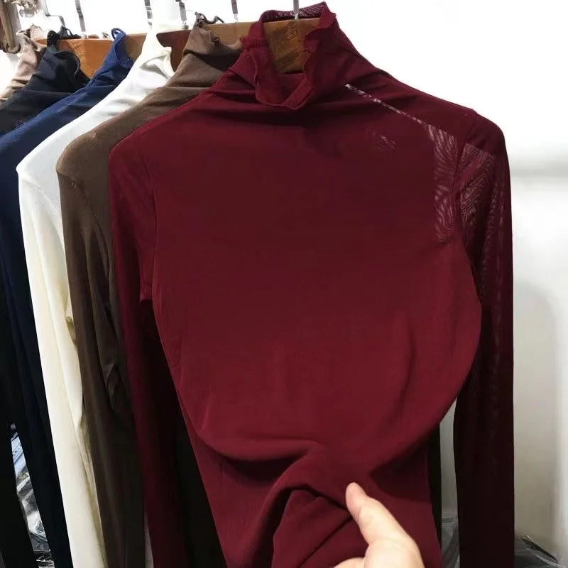 Women's Long Sleeve T-Shirt Lace  Mesh Base Shirt High Collar Pure Color Spring Autumn Fashion Breathable Comfortable Ski...
