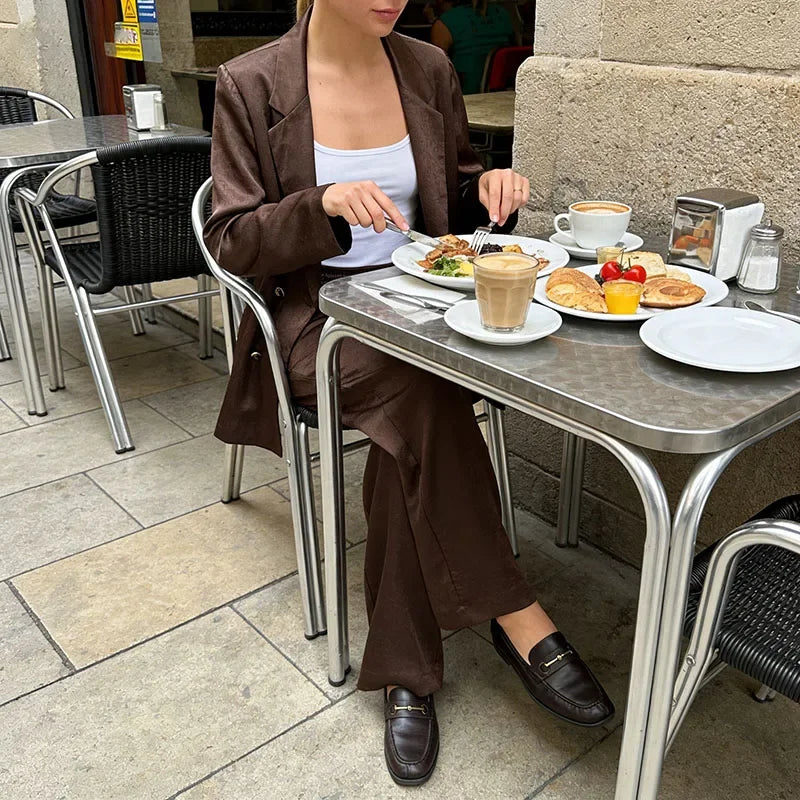 Women's Suit 2026 Spring New Style Reddish-Brown Long Sleeve Draped Pleated Decorative Simple Blazer and Trousers Set Fashion