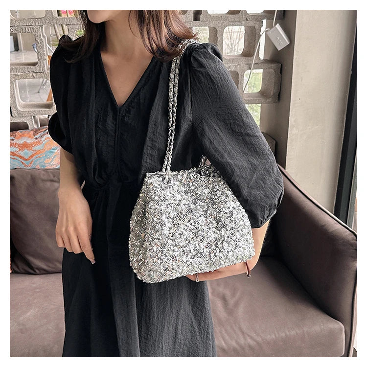 Sparkling Sequins Bucket Shoulder Bags Sense of Luxury Large Capacity Fresh Crossbody Bags for Women 2024 Fashion Versatile Hot