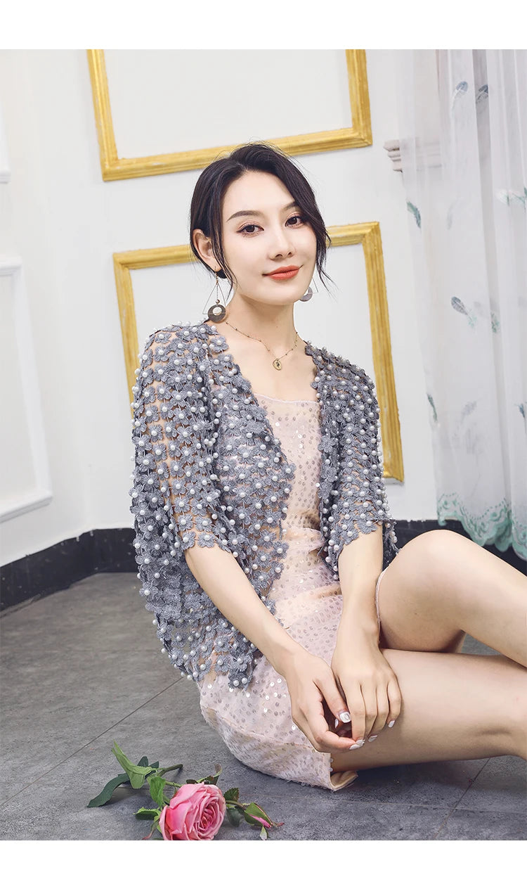 Women Beads Coat 2025 Summer Style Women Perspective Shawl Fashion Hollow Out Lace Boleros Short Sleeve Coats Jackets Femal