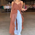 Blusa feminina longa com babados, elegante, lisa, sem mangas, casual, 2025, praia, decote em V, costas nuas, blusa feminina