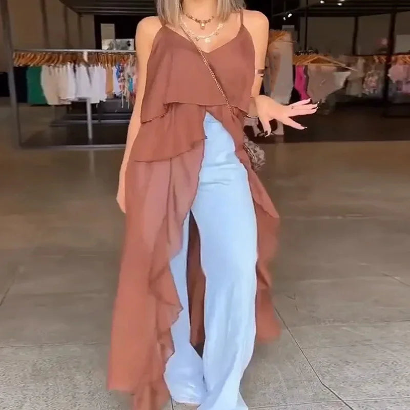 Blusa feminina longa com babados, elegante, lisa, sem mangas, casual, 2025, praia, decote em V, costas nuas, blusa feminina