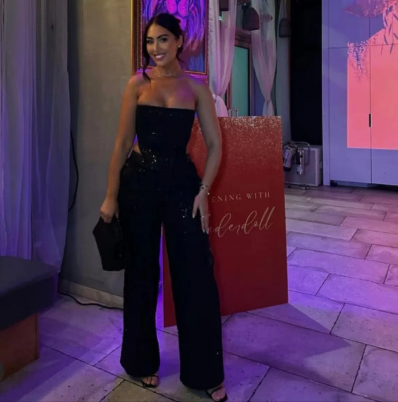 Conjunto Lantejoulas Denim Duas Peças Calças Conjunto Feminino Sexy Sem Alças Zíper Corset Regatas e Jeans Perna Larga Luxo Festa Clube Roupas