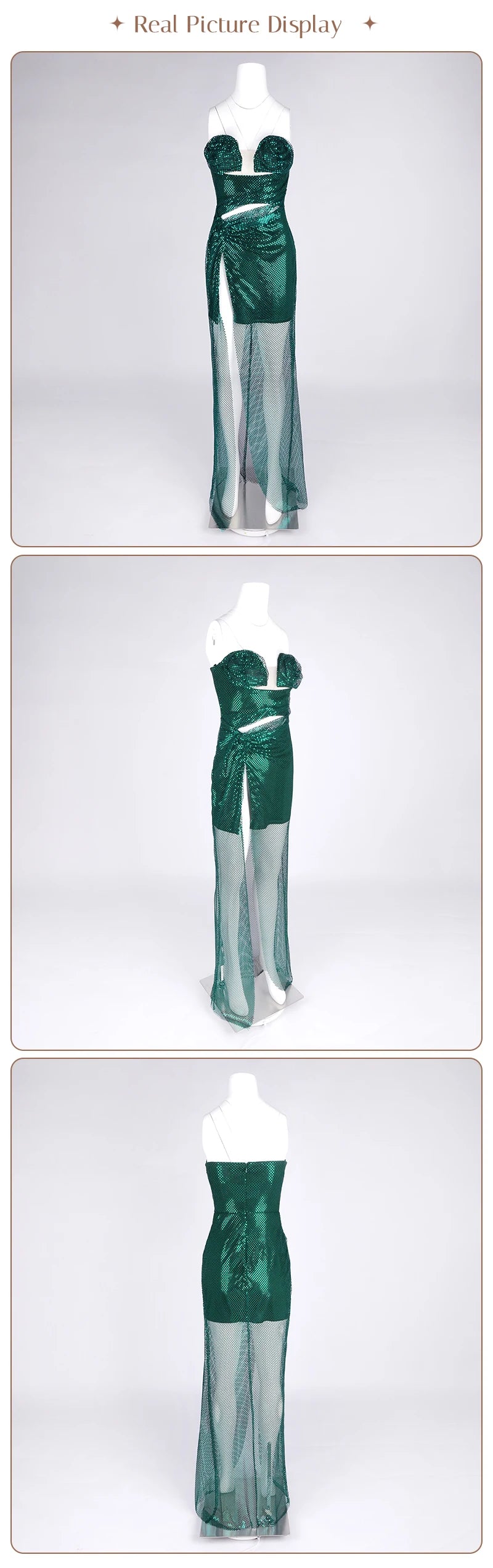 VC Glamorous Strapless Green Sequin Maxi Dress with Corset Style Bodice and Slit Party Evening Gown