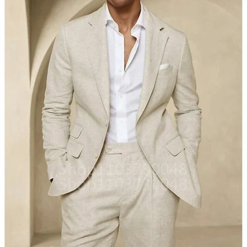 Terno masculino de linho azul/bege de alta qualidade, 2 peças, elegante, casual, abotoamento simples, slim fit, blazer com lapela entalhada e calças, traje masculino