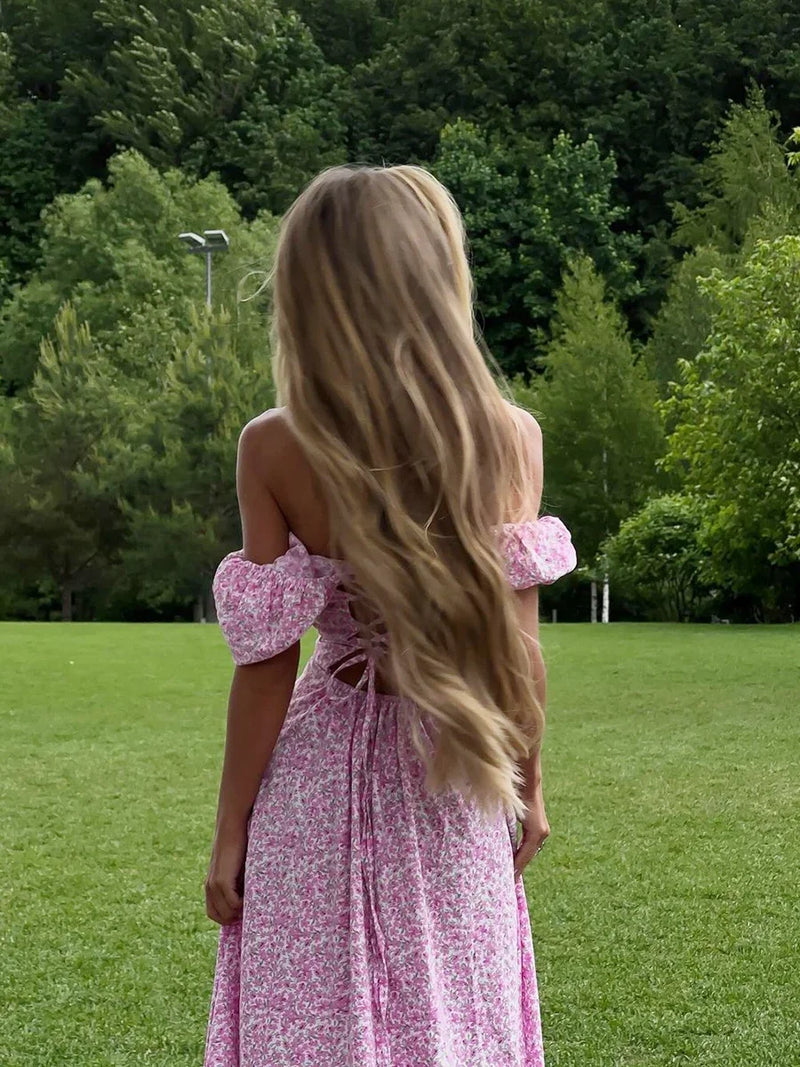 Vestido floral Wolfeel com ombros de fora, elegante, longo, slim fit, estampado, sexy