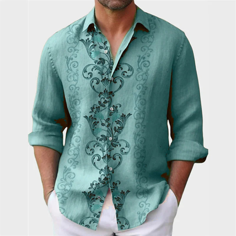 Camisa masculina de 6 cores estampada, modelo explosão, primavera e verão, lapela, botão, manga comprida, camisa