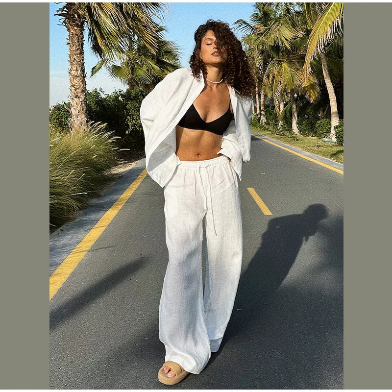 Conjunto casual de calças retas e soltas, moda primavera e outono, manga comprida, camisa de botão único, roupa chique