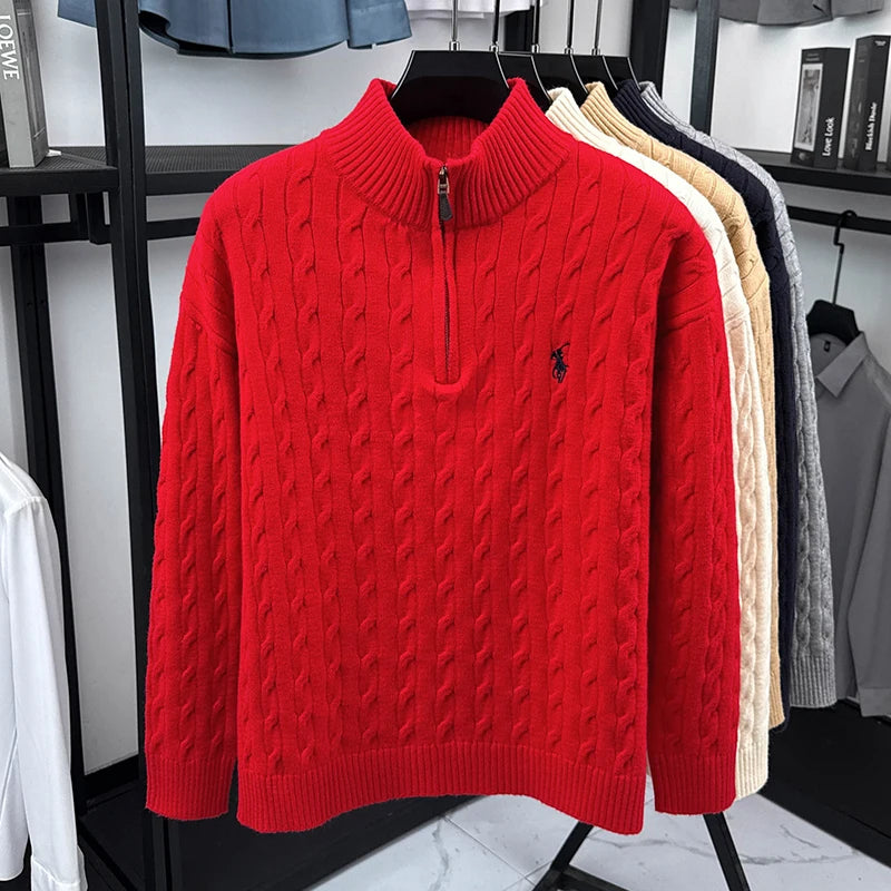 Heshi Brand Fashion American 2025 Vintage Stand Collar Zipper Embroidery Sweater Fried Dough Twists 3D Autumn Winter Knitwear