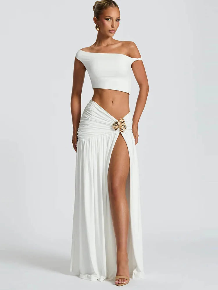 Sibybo Elegant Metal 2 Piece Set Women Partywear Oblique Shoulder Irregular Crop Top Side Slit Ruched Maxi Skirt Matching Outfit