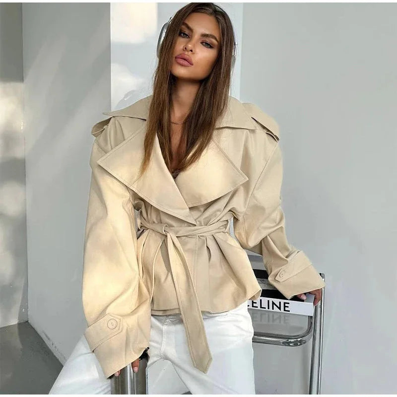 Women's Coat 2026 Spring New Style Solid Color Long Sleeve Belted Short Trench Coat European and American Personalized Fashion