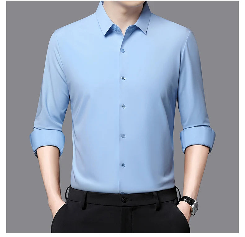Camisa masculina premium ultraelástica - Camisa formal de manga comprida de seda de alta qualidade para uso social e casual