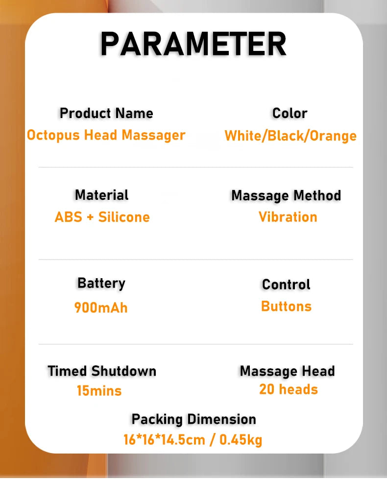 20 Cabeças de Massagem Massageador de Couro Cabeludo Laranja Vibrador de Luz Vermelha Polvo Arranhador para Relaxamento Estresse Enxaqueca