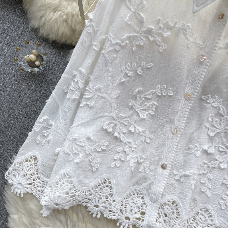 Camisa solta bordada SINGREINY feminina elegante retrô com lapela sólida manga comprida blusa feminina de alta qualidade moda verão
