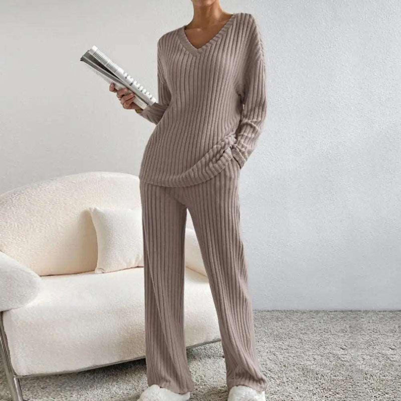 2Pcs/Set Sweater Pants Suit Thread V Neck Solid Color Knitted Pockets Elastic Waist Wide Leg Homewear Fall Winter Pajamas Set