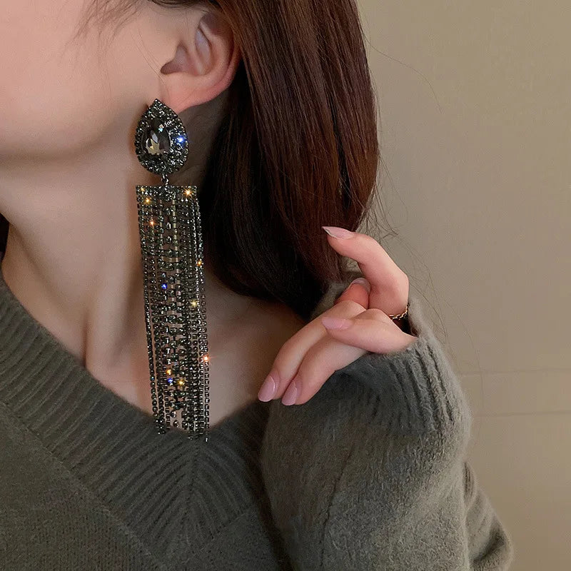 XIALUOKE Black Colorful Water Drop Crystal Earrings Oversize Long Tassel Rhinestone Dangle Earring For Women Statement Jewelry