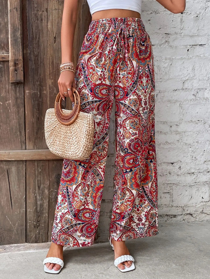 Calças de cintura alta com estampa da moda, pernas largas, primavera-verão, roupas femininas, calças casuais soltas, faixas elásticas, estilo boho, calças de praia