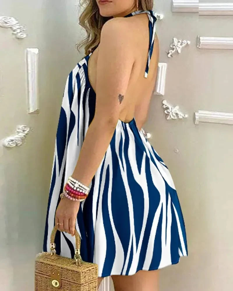 Vestidos Sem Mangas Sem Costas Curto Mini Vestido Solto Halter Neck Estampa Praia Vestido de Verão Floral Vestidos S-3XL