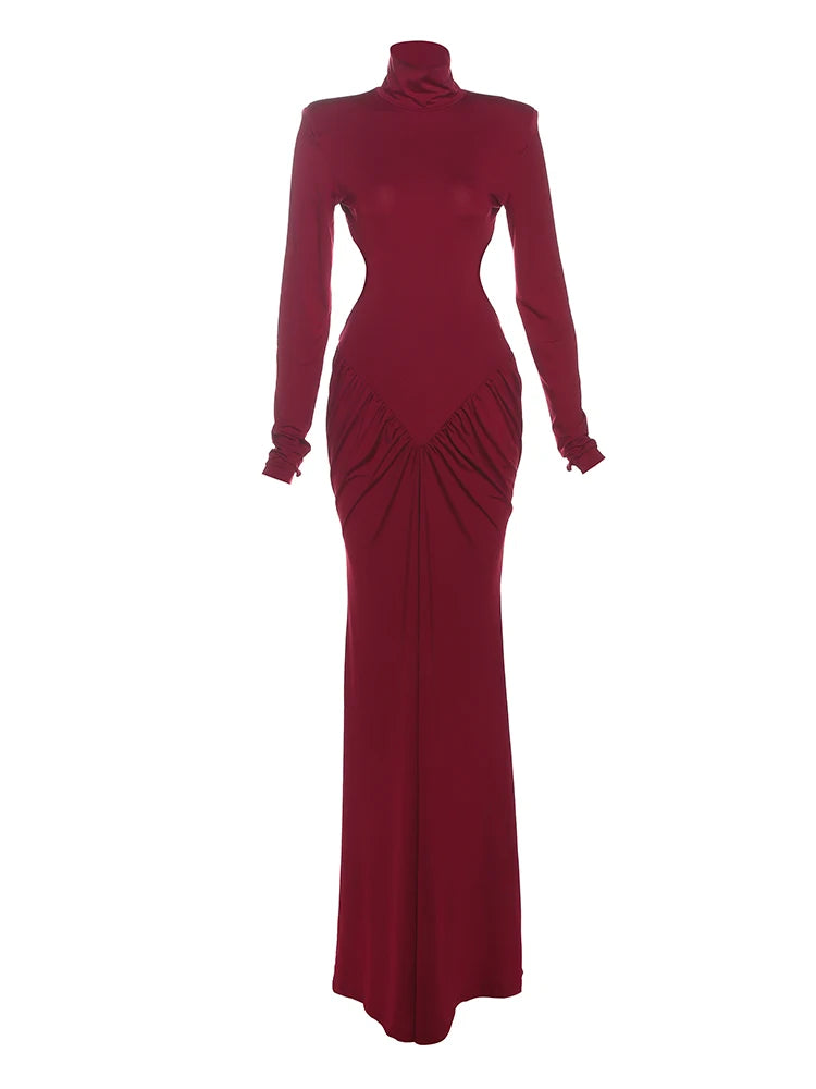 Weird Puss Backless Maxi Dress Women Shoulder Pads Long Sleeve Waistless Peach Buttocks Ruched Elegant Banquet Skinny Vestidos