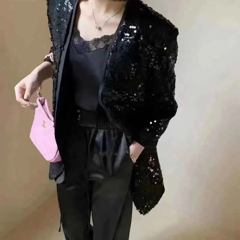 European Brand V-neck Temperament Socialite Sequin Jacket For Women, Mid To Long Style, Stylish Thin Style, Sparkling Top XQ145