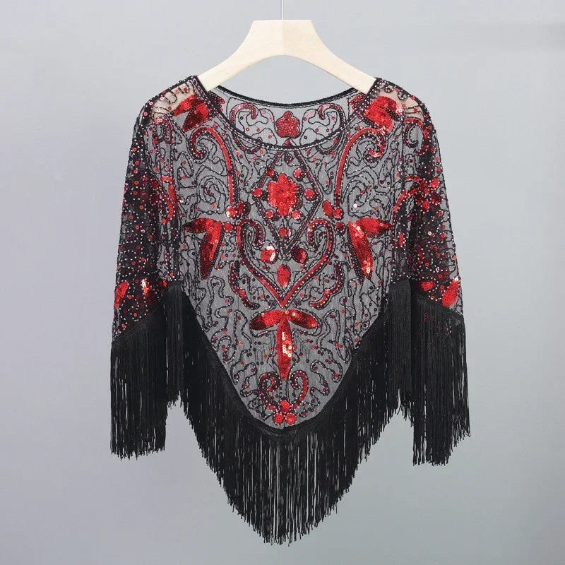 Summer Sequins Tassels Poncho Women Coat Party Outfits Cape Mesh Jacket Ladies Cloak Shawls Casaco Outerwear Wraps Woman Clothes