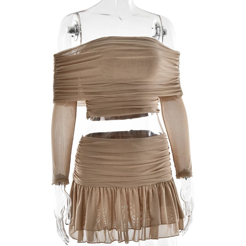 Fantoye Sexy Strapless Two Piece Sets Women Skirt Suit Khaki Long Sleeve Top Ruffle Skirt Female Spring Slim Elegant Skirt Sets