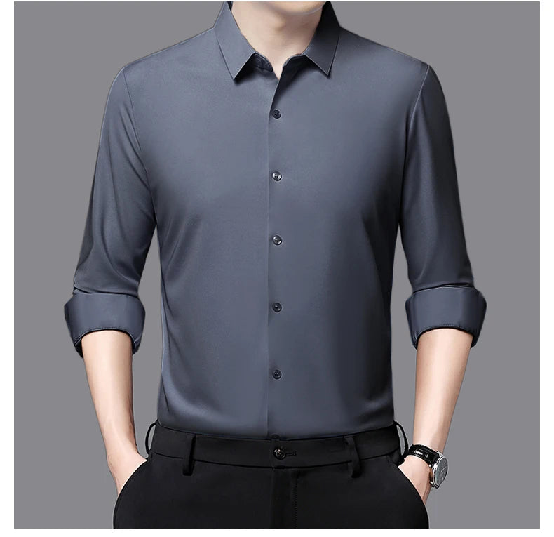 Camisa masculina premium ultraelástica - Camisa formal de manga comprida de seda de alta qualidade para uso social e casual