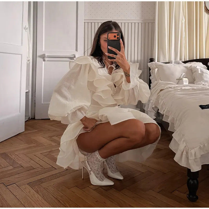 Solid Ruffle Mini Dress U Neck Long Puff Sleeve Tie Neck Tiered Hem Sweet Style Gown Soft Pastel Tones Fashion Chic Women Outfit
