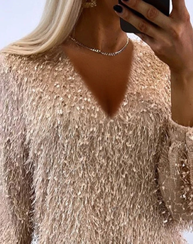 Vestido de Manga Longa Caindo Fofo Decote em V Vestido Casual