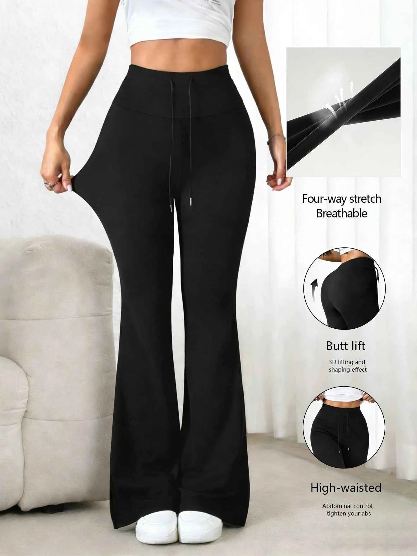 Women's Black High Waisted Bell-bottom Pants 2026 Spring Drawstring Waist Stretchy Skin-friendly Breathable Casual Daily Trendy