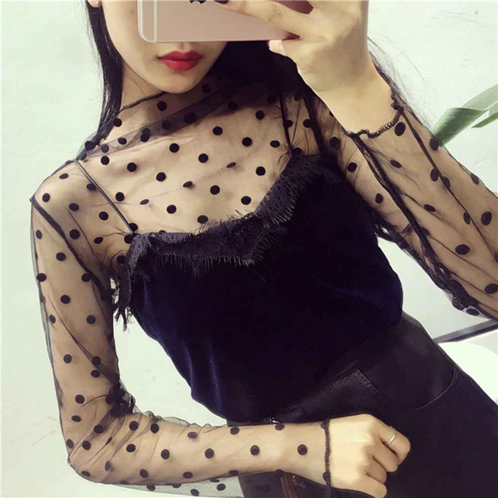 Sexy Mesh Perspective Top Ladies Sheer Blouses Women Lace Floral T Shirt See Through Long Sleeve Tee Shirts Sunscreen Tops