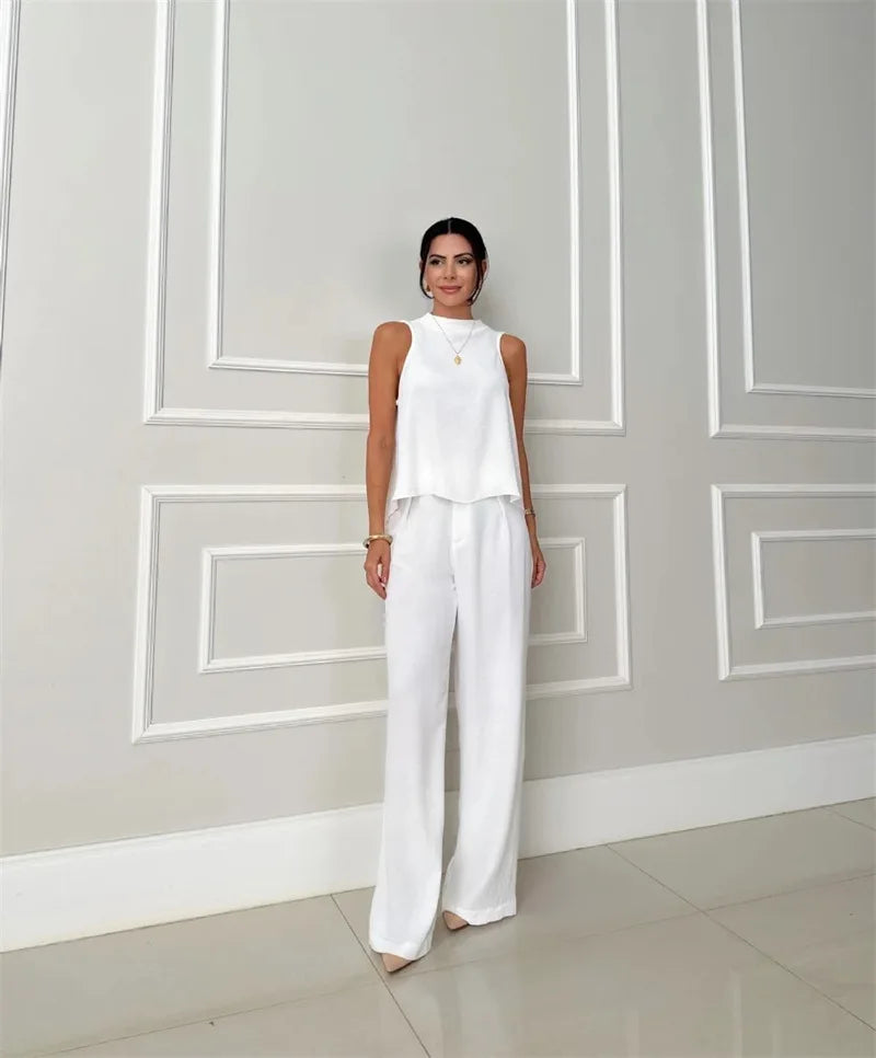 Summer Casual 2 Piece Sets Women Outfit  2025 Fashion Sleevess Loose T-shirts Tops And Wide Leg Tracksuits New In Pant Sets