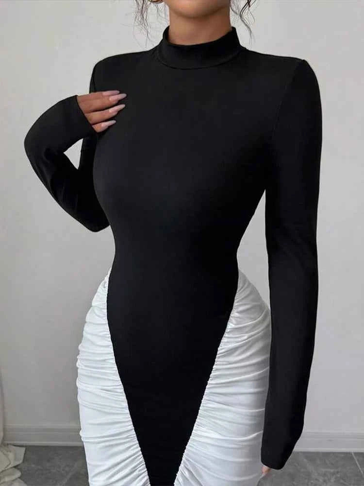 Sisterlinda Ruched Patchwork Dress Women Full Sleeve Color Block Peach Hip Elegant Sexy Simple Evening Stretch Skinny Bodycon