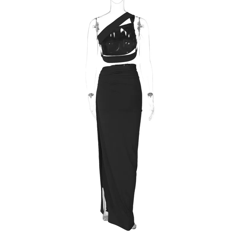 Ladies Spring 2 Pieces Sleeveless Backless Strap Spit Crop Top Side Slit Slim Fit Maxi Skirt Set Women Evening Party Clubwear