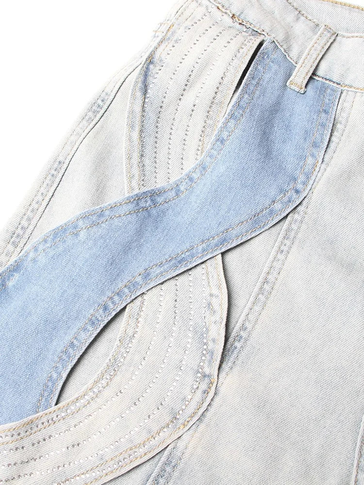 Calça jeans feminina VGH Crisscross Hit Color Streetwear cintura alta patchwork bolsos vazados calças femininas