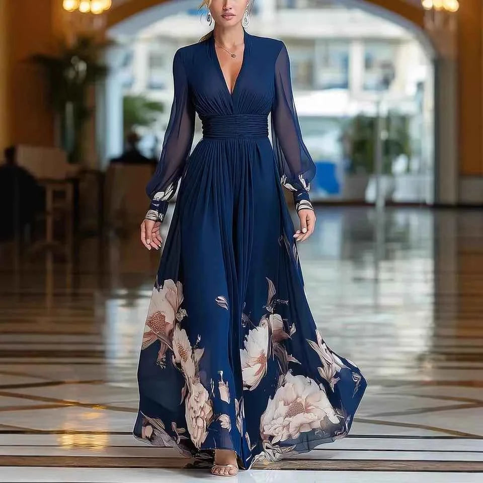Elegant Long Sleeve Maxi Dress Women 2026 Summer V-neck Florat Print A-line Maxi Dresses Casual